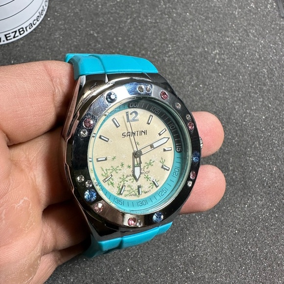 Santini Ladies Quartz Watch Analog Silver Tone Rhinestone Accent Blue Band Worki - Picture 3 of 8